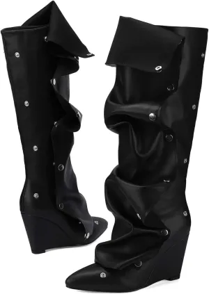 Trendy Knee High Boots Women - Futuristic Design with Ruched Shaft and Studded Buckle Detail, Wedge Heel Boots for All-day Comfort