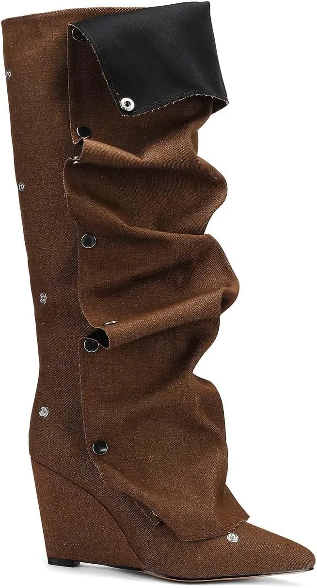 Trendy Knee High Boots Women - Futuristic Design with Ruched Shaft and Studded Buckle Detail, Wedge Heel Boots for All-day Comfort