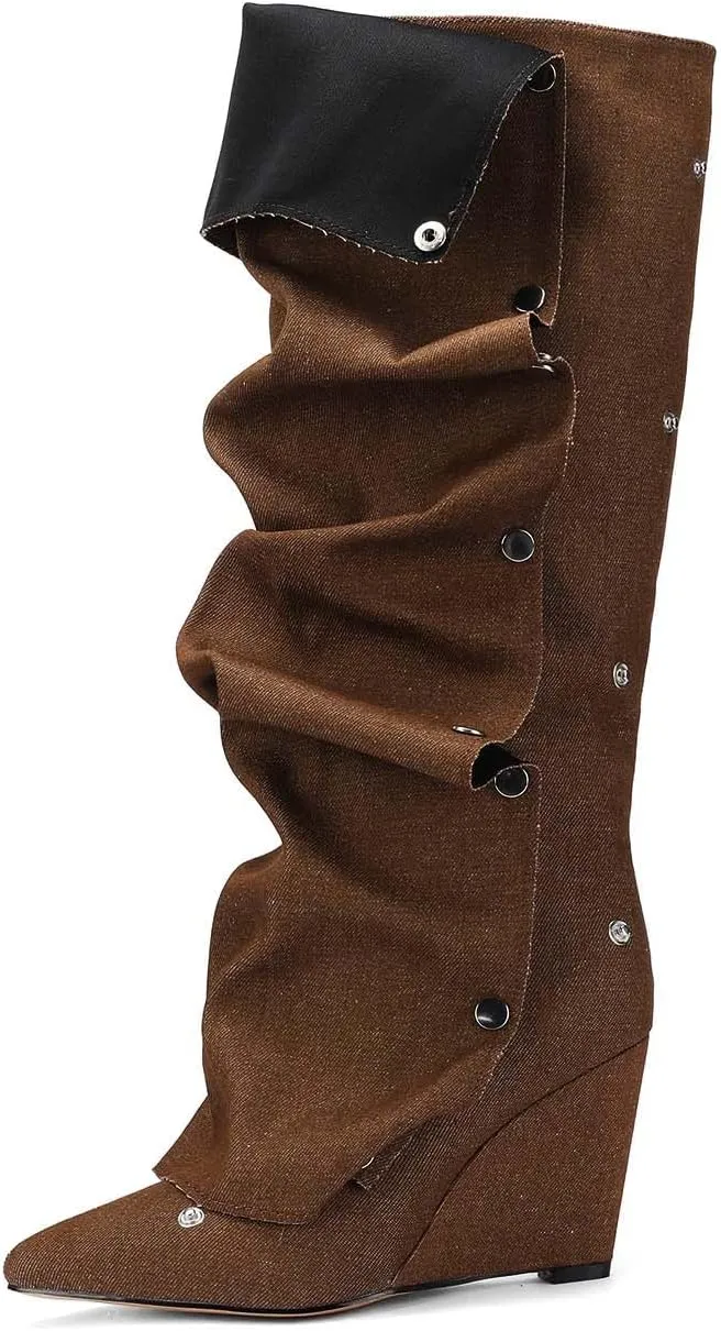 Trendy Knee High Boots Women - Futuristic Design with Ruched Shaft and Studded Buckle Detail, Wedge Heel Boots for All-day Comfort