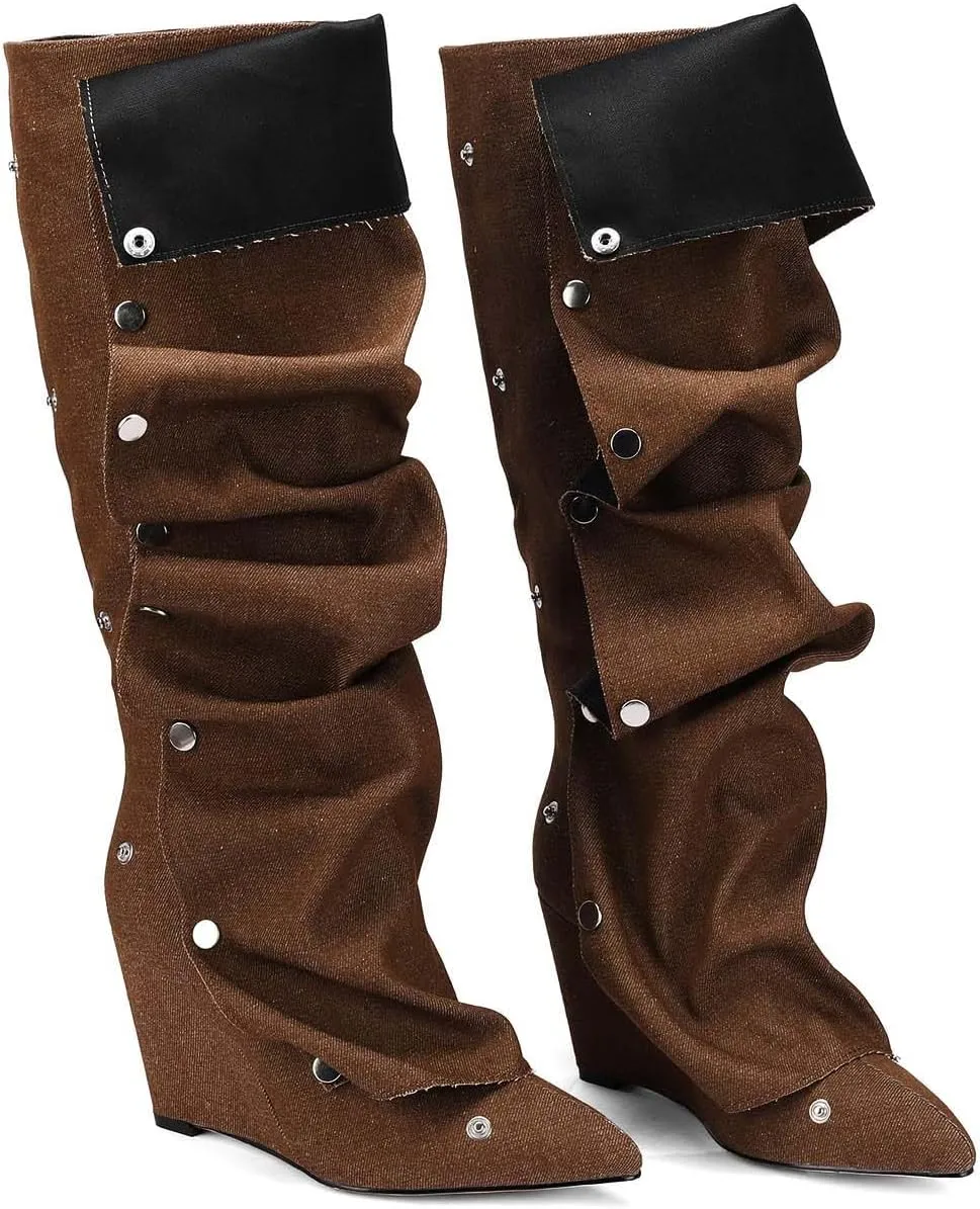 Trendy Knee High Boots Women - Futuristic Design with Ruched Shaft and Studded Buckle Detail, Wedge Heel Boots for All-day Comfort