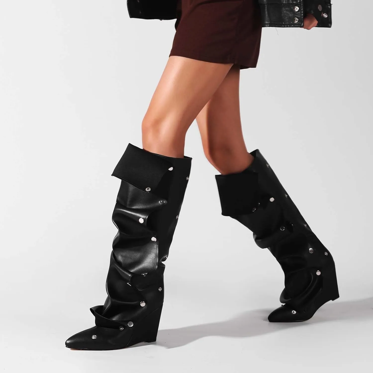 Trendy Knee High Boots Women - Futuristic Design with Ruched Shaft and Studded Buckle Detail, Wedge Heel Boots for All-day Comfort