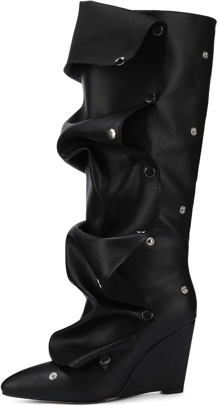 Trendy Knee High Boots Women - Futuristic Design with Ruched Shaft and Studded Buckle Detail, Wedge Heel Boots for All-day Comfort