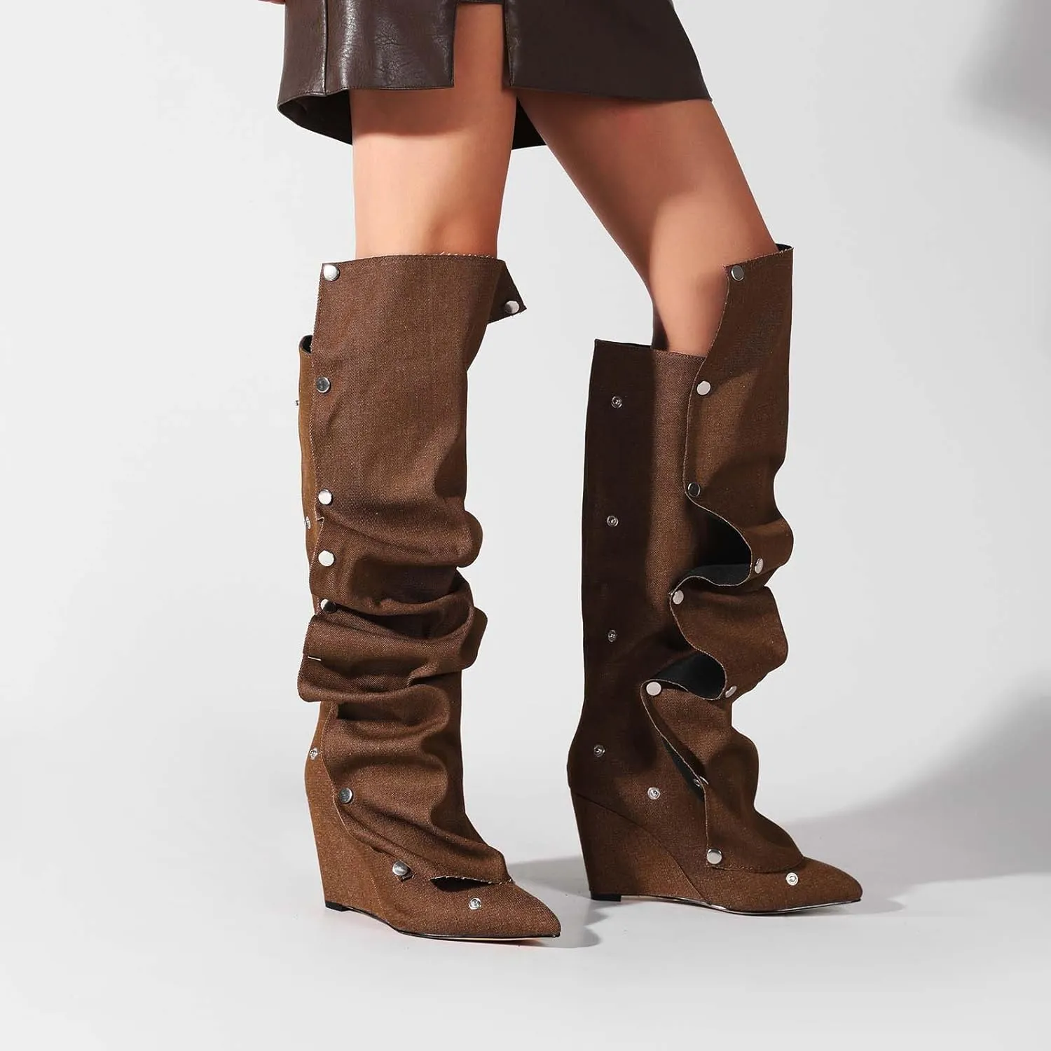 Trendy Knee High Boots Women - Futuristic Design with Ruched Shaft and Studded Buckle Detail, Wedge Heel Boots for All-day Comfort