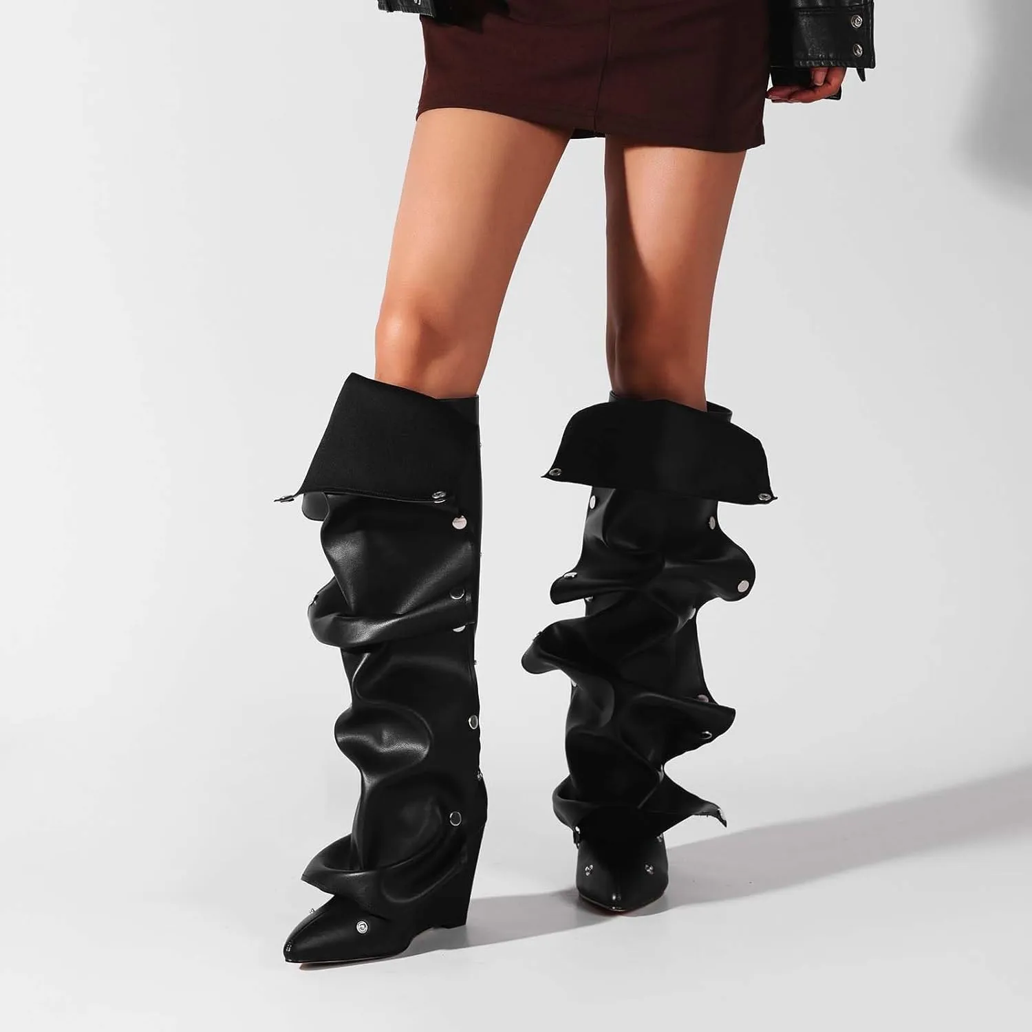 Trendy Knee High Boots Women - Futuristic Design with Ruched Shaft and Studded Buckle Detail, Wedge Heel Boots for All-day Comfort