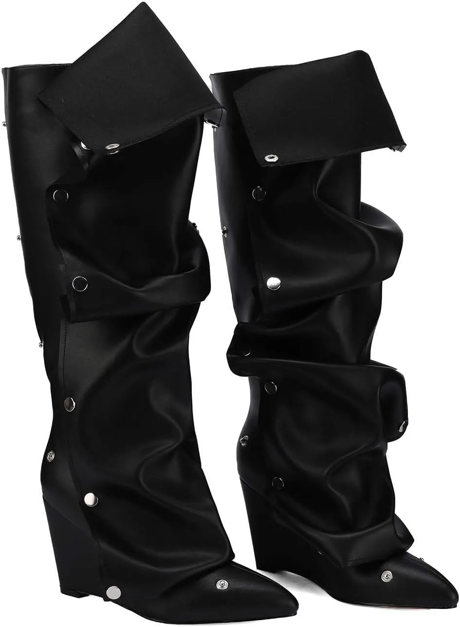 Trendy Knee High Boots Women - Futuristic Design with Ruched Shaft and Studded Buckle Detail, Wedge Heel Boots for All-day Comfort