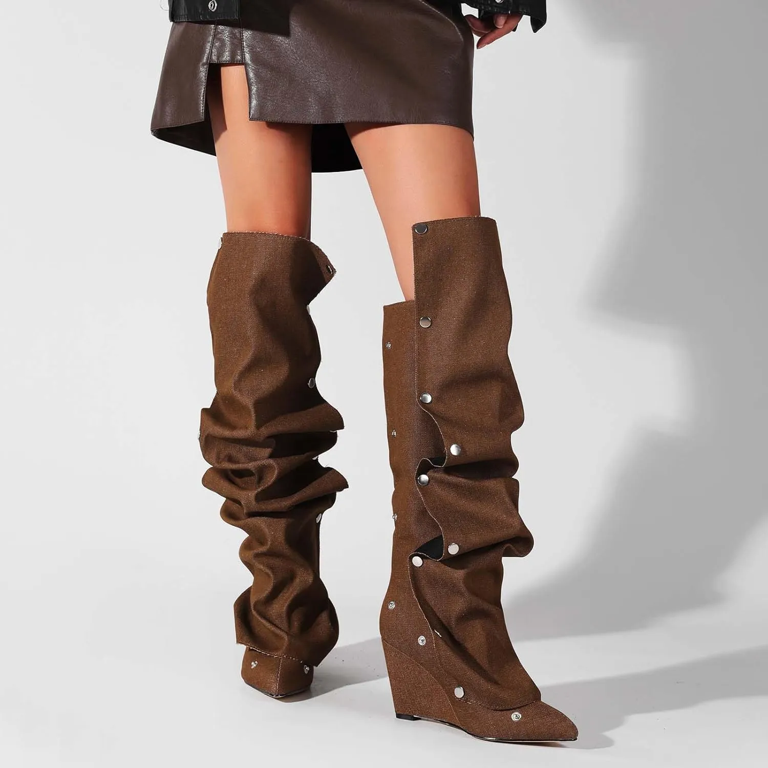 Trendy Knee High Boots Women - Futuristic Design with Ruched Shaft and Studded Buckle Detail, Wedge Heel Boots for All-day Comfort
