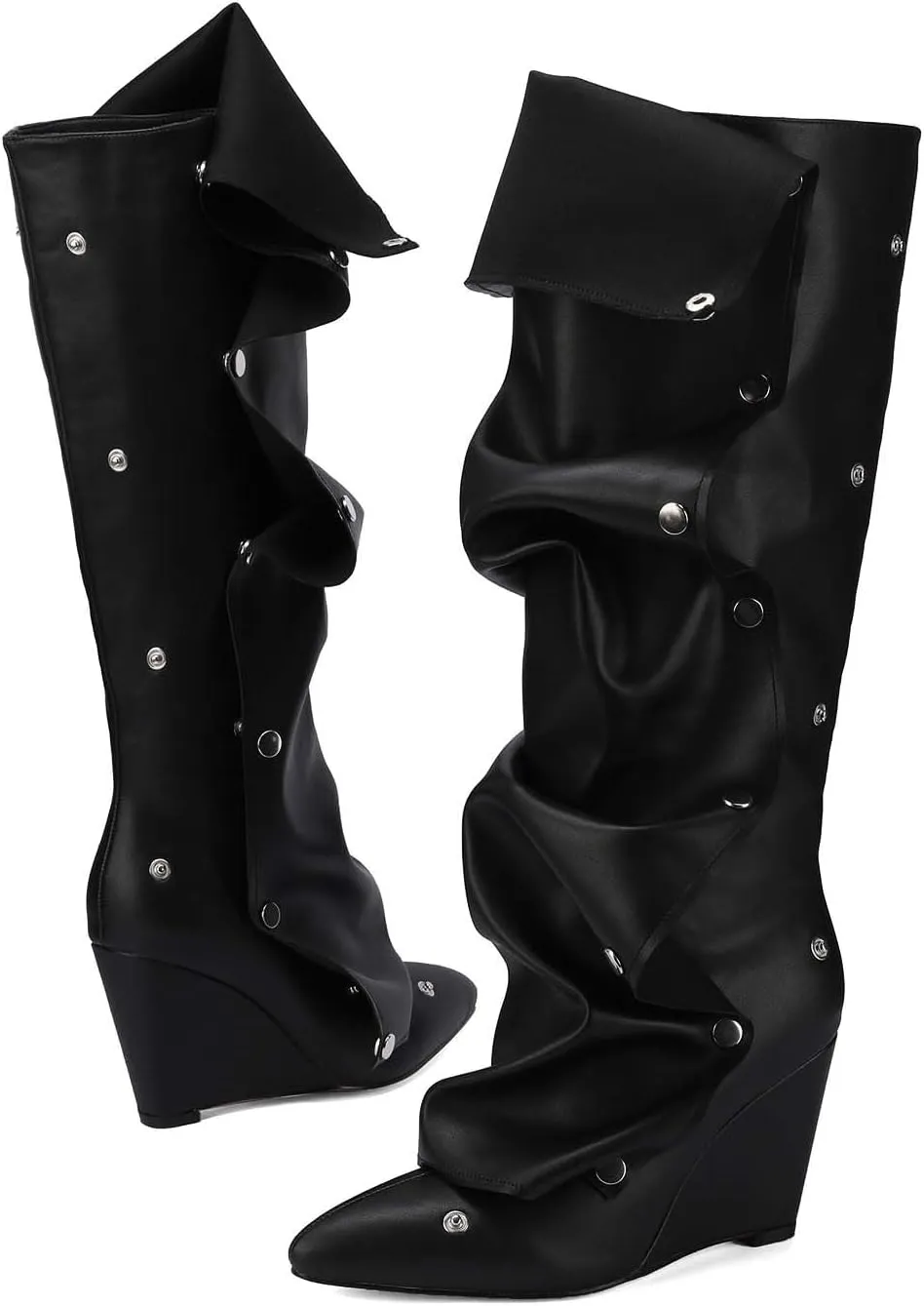 Trendy Knee High Boots Women - Futuristic Design with Ruched Shaft and Studded Buckle Detail, Wedge Heel Boots for All-day Comfort