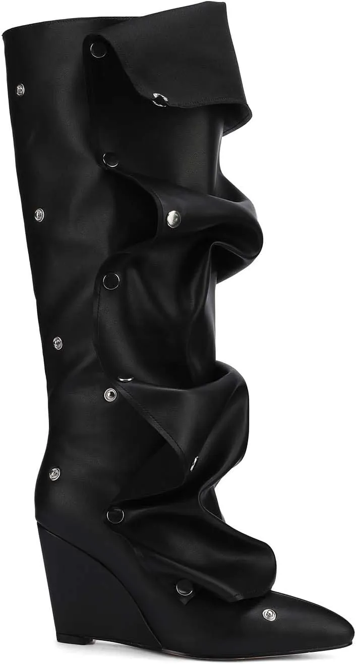 Trendy Knee High Boots Women - Futuristic Design with Ruched Shaft and Studded Buckle Detail, Wedge Heel Boots for All-day Comfort