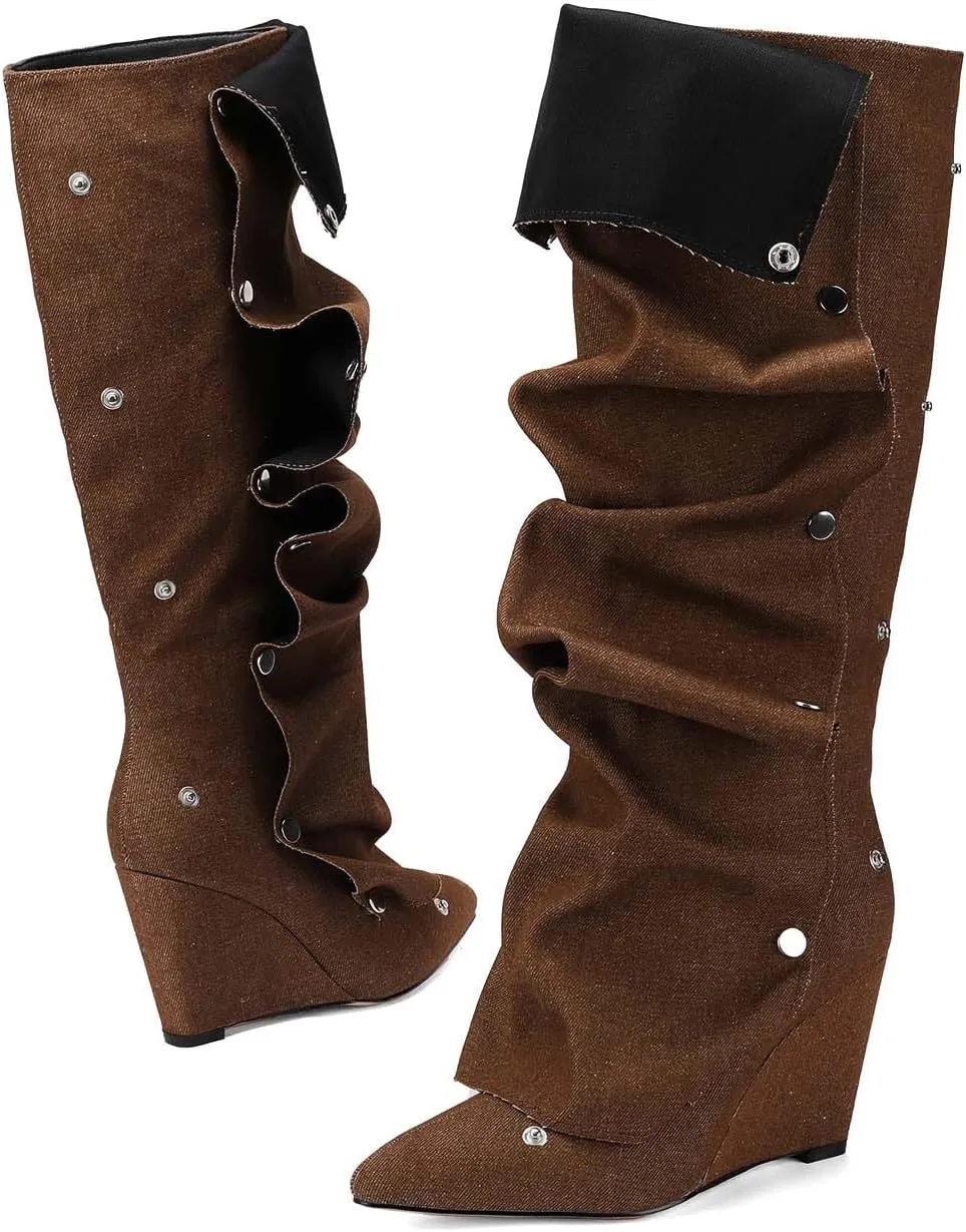 Trendy Knee High Boots Women - Futuristic Design with Ruched Shaft and Studded Buckle Detail, Wedge Heel Boots for All-day Comfort