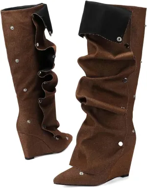 Trendy Knee High Boots Women - Futuristic Design with Ruched Shaft and Studded Buckle Detail, Wedge Heel Boots for All-day Comfort