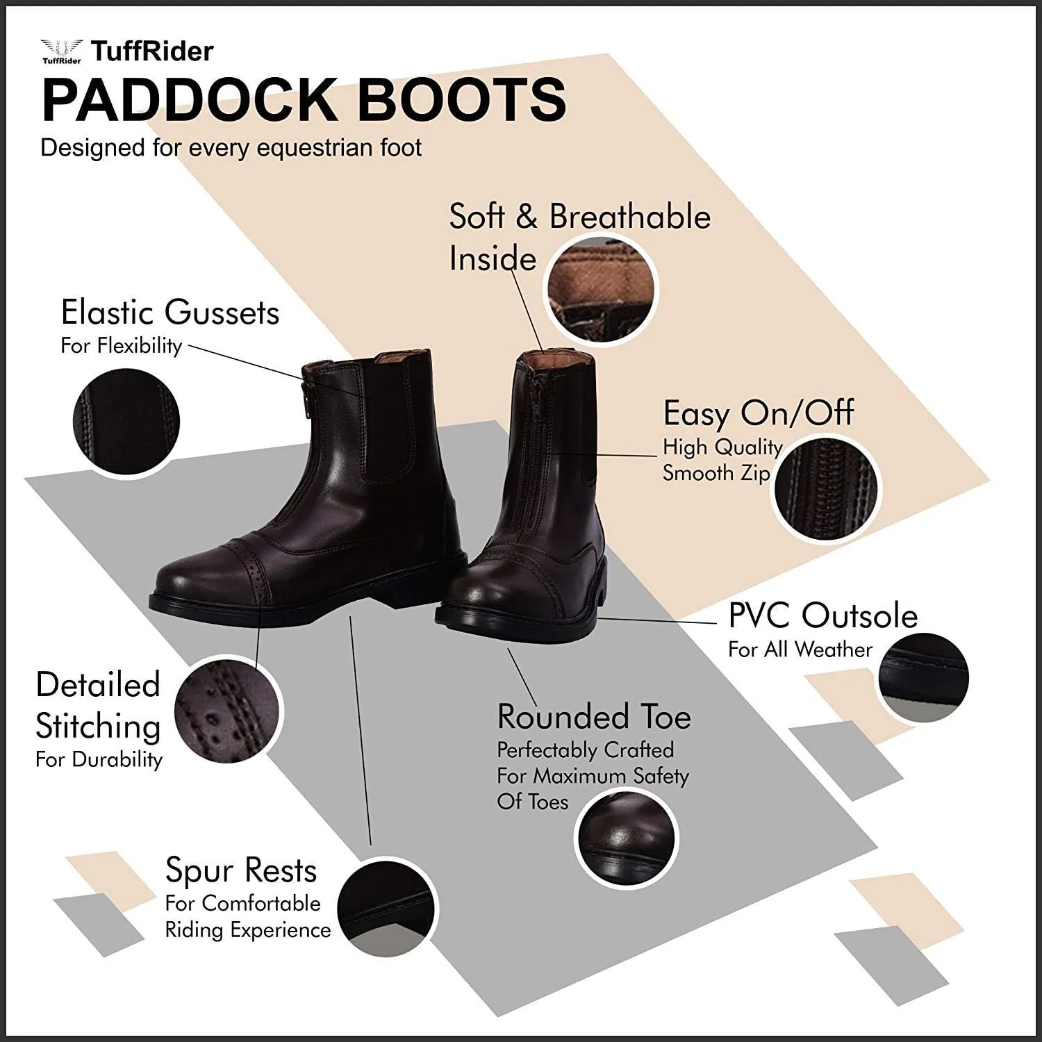 TuffRider Children’s Starter Front Zip Paddock Boots with free Socks | Durable, Easy to Clean Water-Resistant Horse Riding Boots