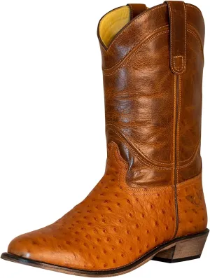 TuffRider Men's Norris Leather Cow Ostrich Print Wide Round Toe Western Boots