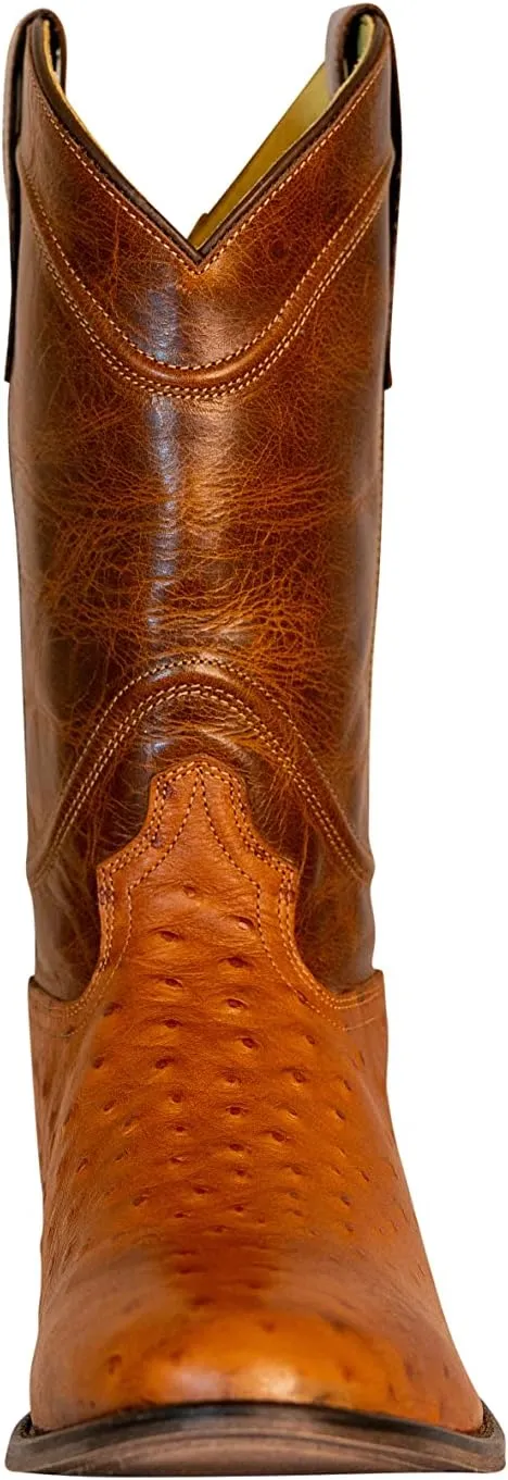 TuffRider Men's Norris Leather Cow Ostrich Print Wide Round Toe Western Boots