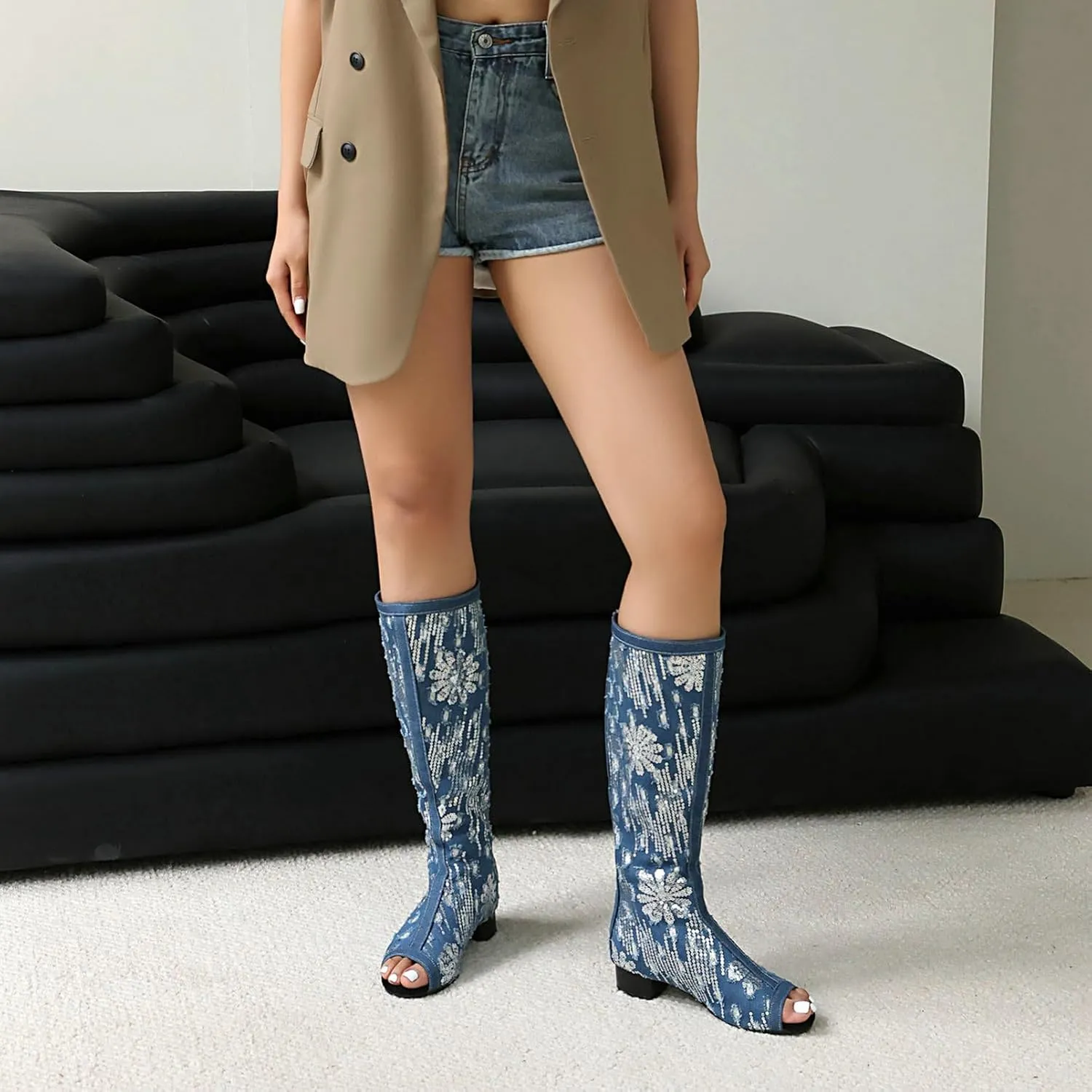 Uniquelly Women's Summer Boots Peep Toe Knee High Sandals Back Zipper Block Low Heel Gladiator Sandals Shoes