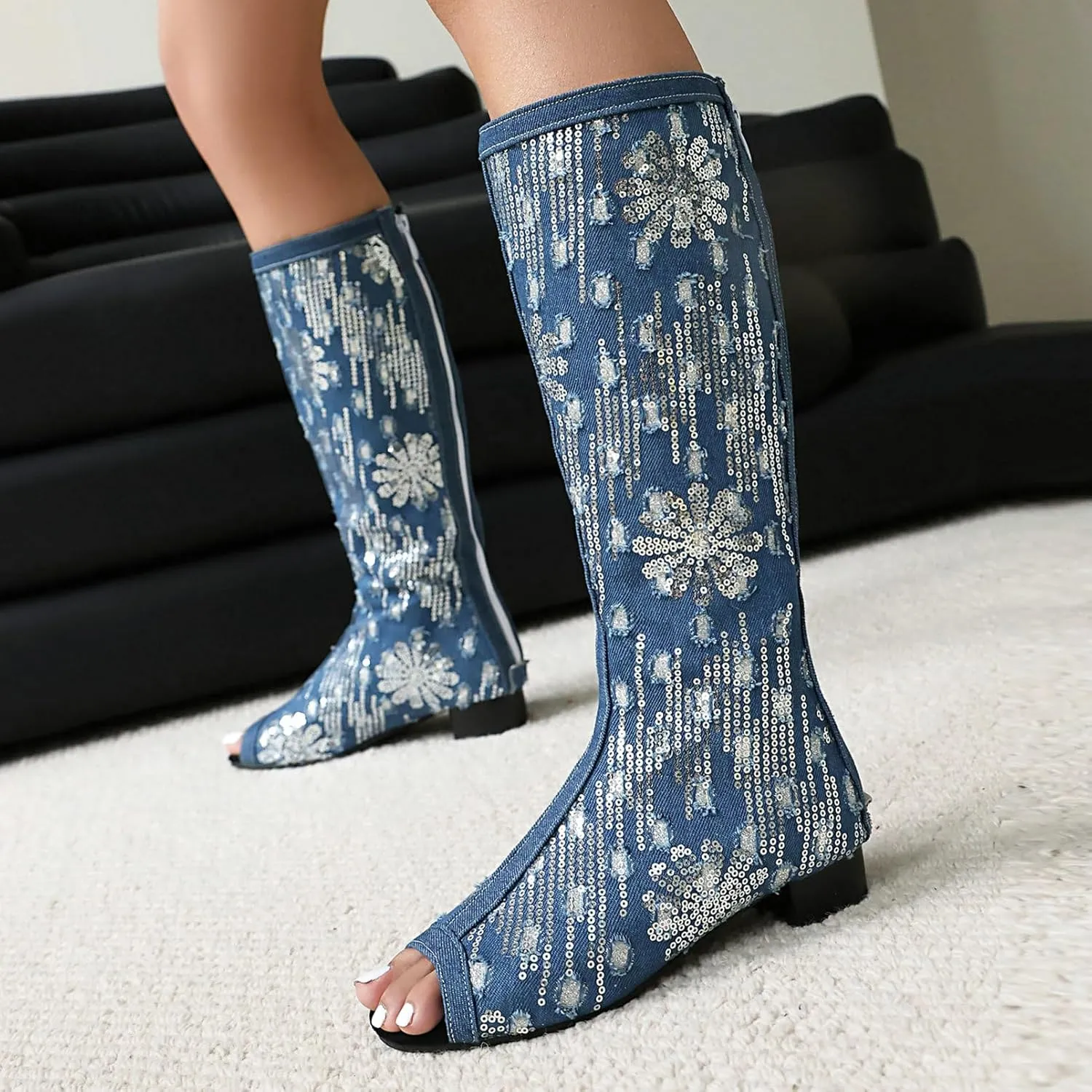 Uniquelly Women's Summer Boots Peep Toe Knee High Sandals Back Zipper Block Low Heel Gladiator Sandals Shoes
