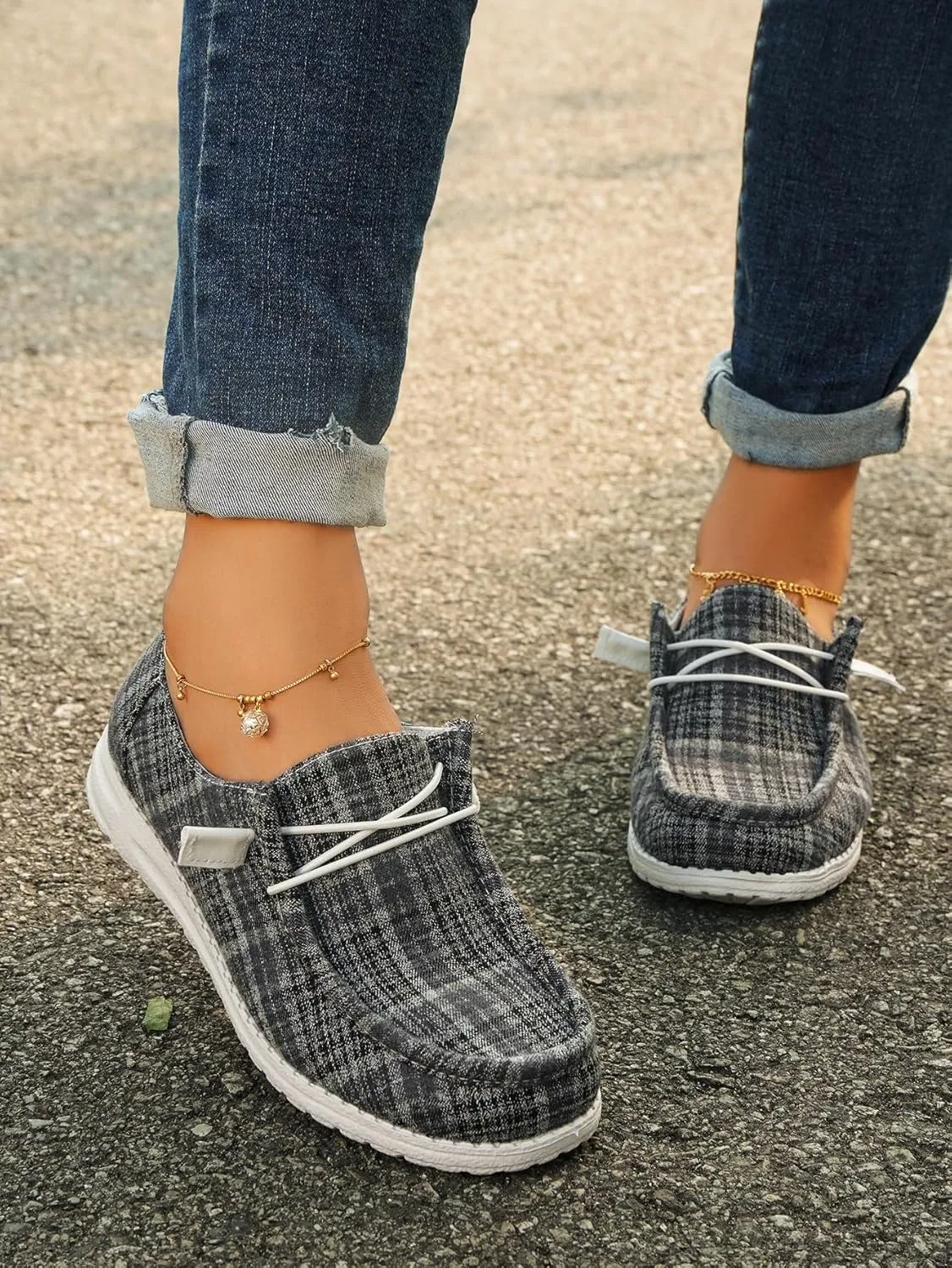 Unisex Slip-on Plaid Canvas Loafers for Women Men Low Top Outdoor Flat Walking Shoes Drving Shoes Sneakers| Comfortable & Light-Weight