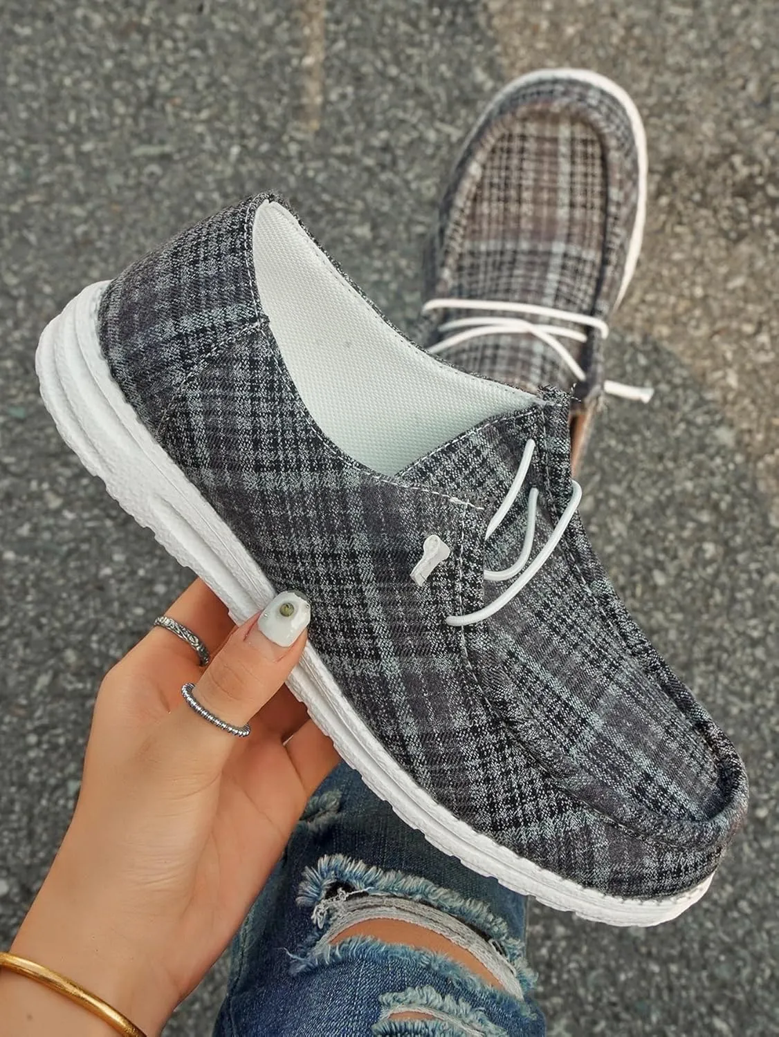 Unisex Slip-on Plaid Canvas Loafers for Women Men Low Top Outdoor Flat Walking Shoes Drving Shoes Sneakers| Comfortable & Light-Weight