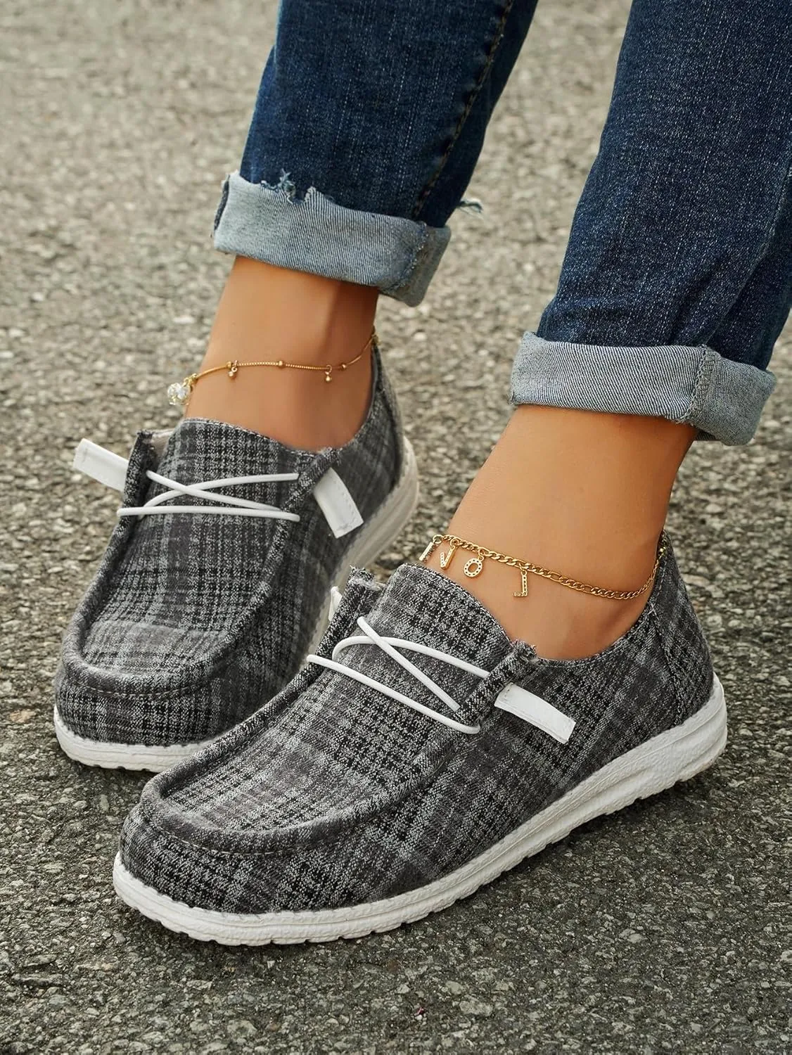 Unisex Slip-on Plaid Canvas Loafers for Women Men Low Top Outdoor Flat Walking Shoes Drving Shoes Sneakers| Comfortable & Light-Weight