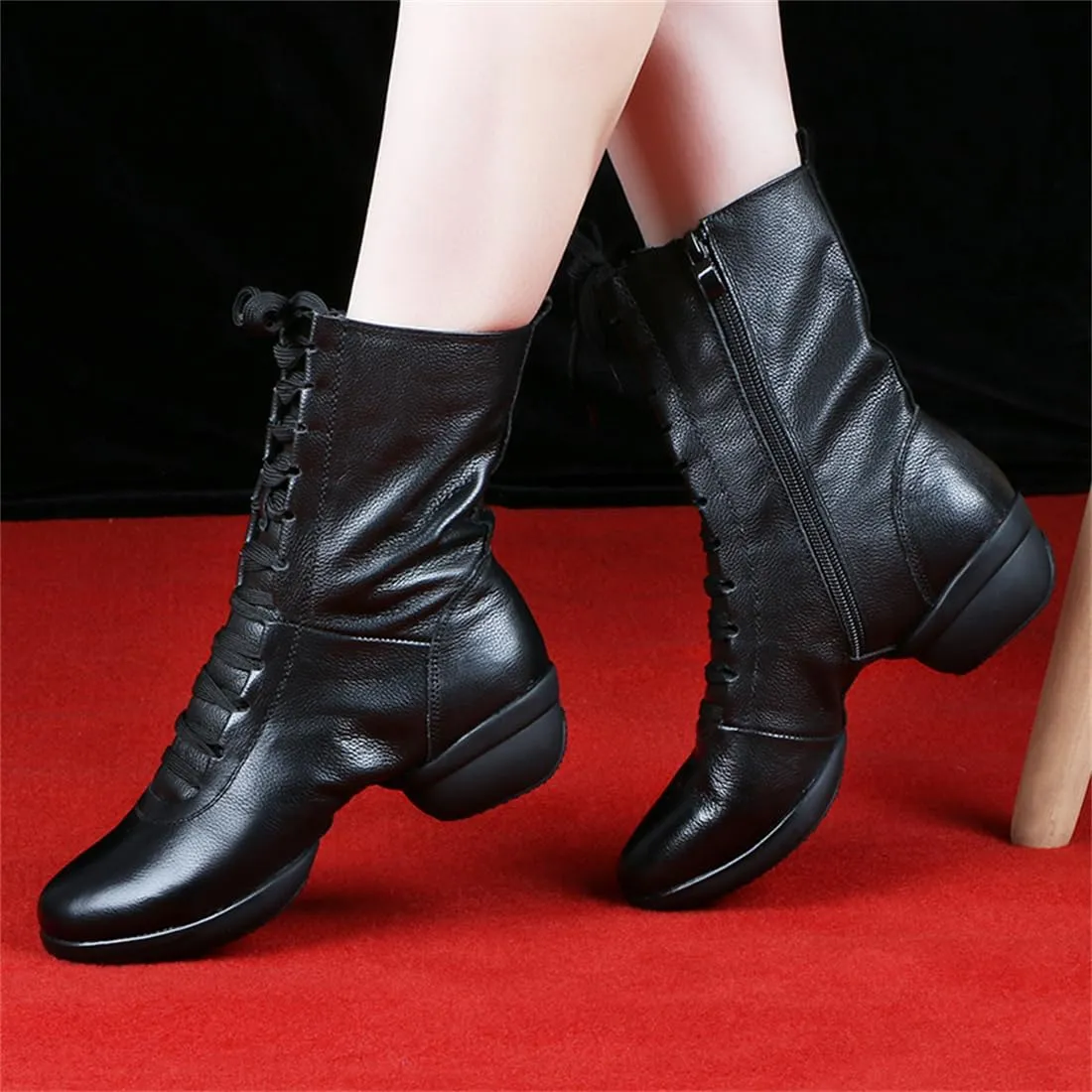VEACAM Jazz Ballet Dance Boots, Lace-Up Dancing Sneakers for Women Leather High Top Ballroom Performance Shoes