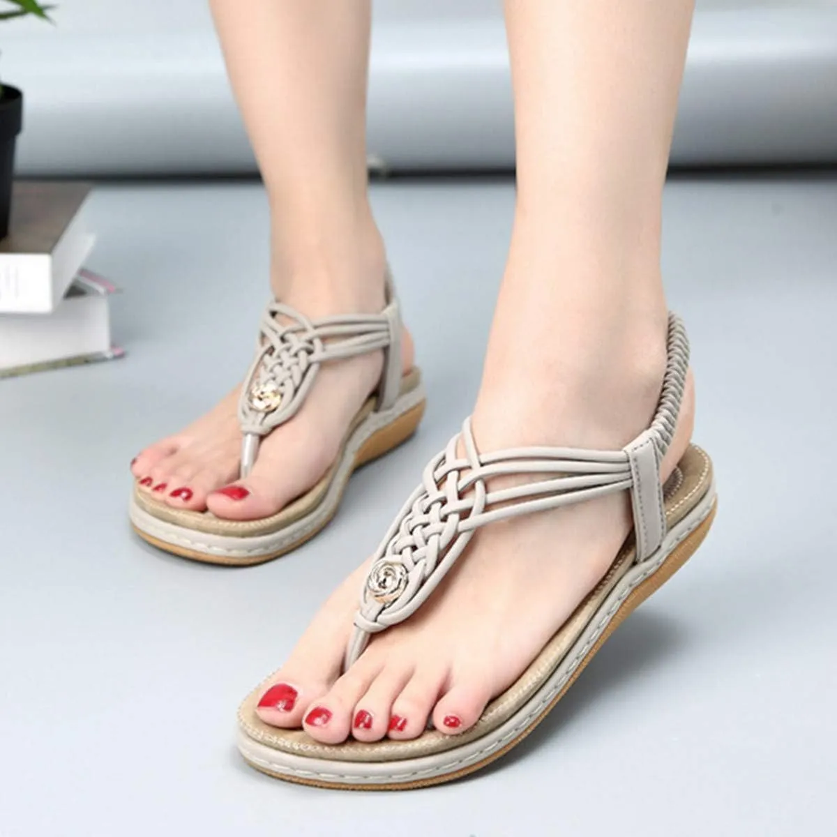 Veslexth Women's Casual Sandals Summer Bohemian Flat Ankle T-Strap Thong Elastic Strap Slippers Comfortable Home Weave Flip Flops