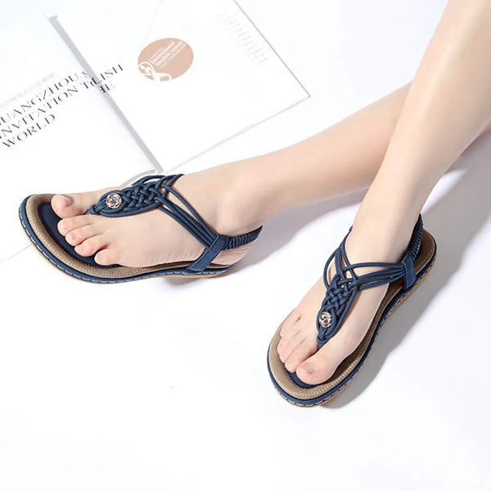 Veslexth Women's Casual Sandals Summer Bohemian Flat Ankle T-Strap Thong Elastic Strap Slippers Comfortable Home Weave Flip Flops