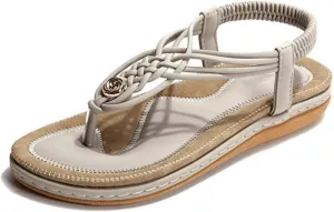 Veslexth Women's Casual Sandals Summer Bohemian Flat Ankle T-Strap Thong Elastic Strap Slippers Comfortable Home Weave Flip Flops