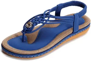 Veslexth Women's Casual Sandals Summer Bohemian Flat Ankle T-Strap Thong Elastic Strap Slippers Comfortable Home Weave Flip Flops