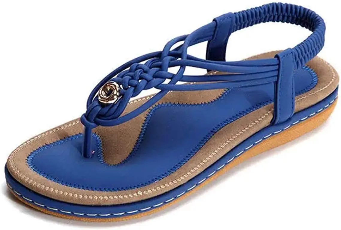 Veslexth Women's Casual Sandals Summer Bohemian Flat Ankle T-Strap Thong Elastic Strap Slippers Comfortable Home Weave Flip Flops