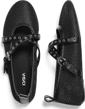VIMISAOI Leopard Flats for Women Mesh Ballet Flats with Strappy Fishnet Buckle Round Toe Mary Jane Ballerina Shoes Dress Shoes