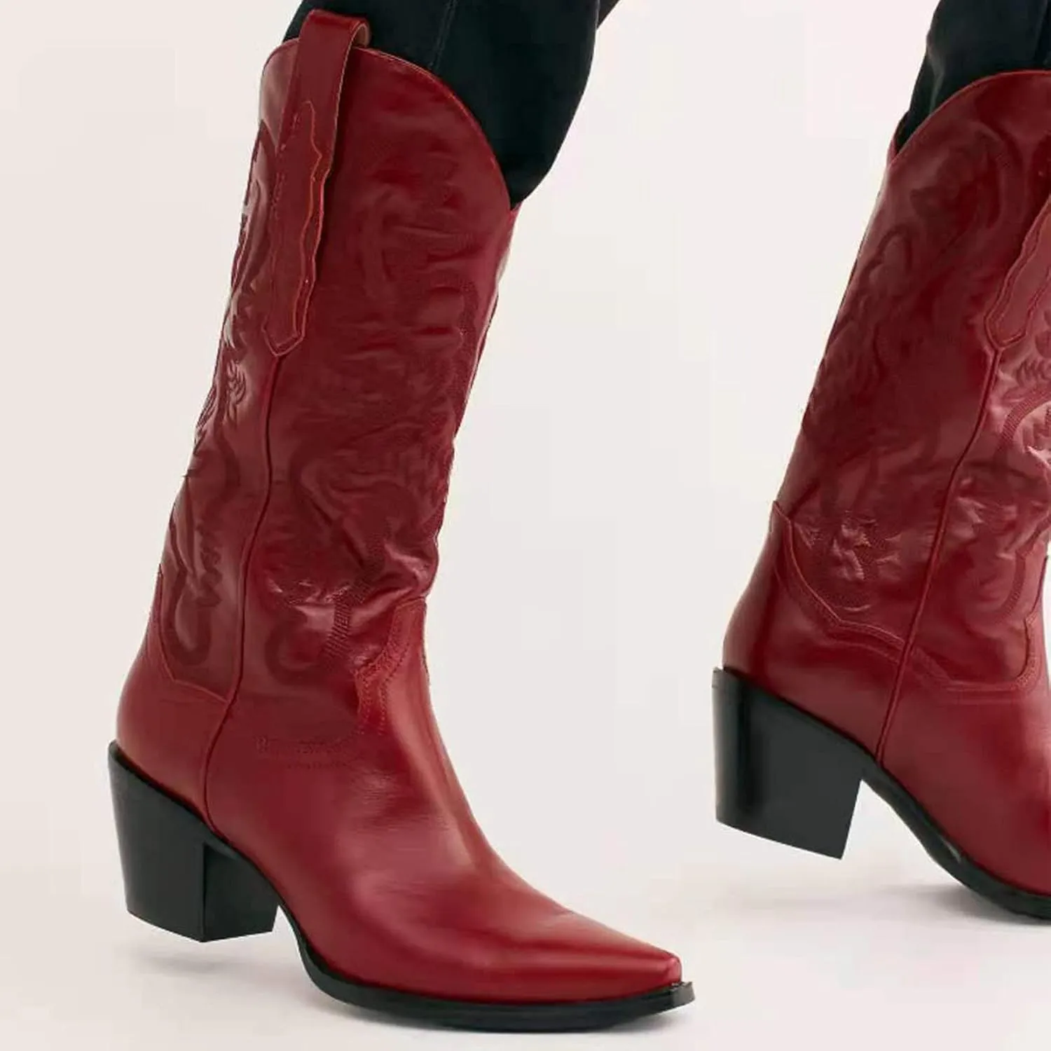 VOMIRA Pointed Toe Western Boots for Women Fall Winter Chunky Block Cork Heel Pull On Mid Calf Boots Outdoor Cowboy Boots