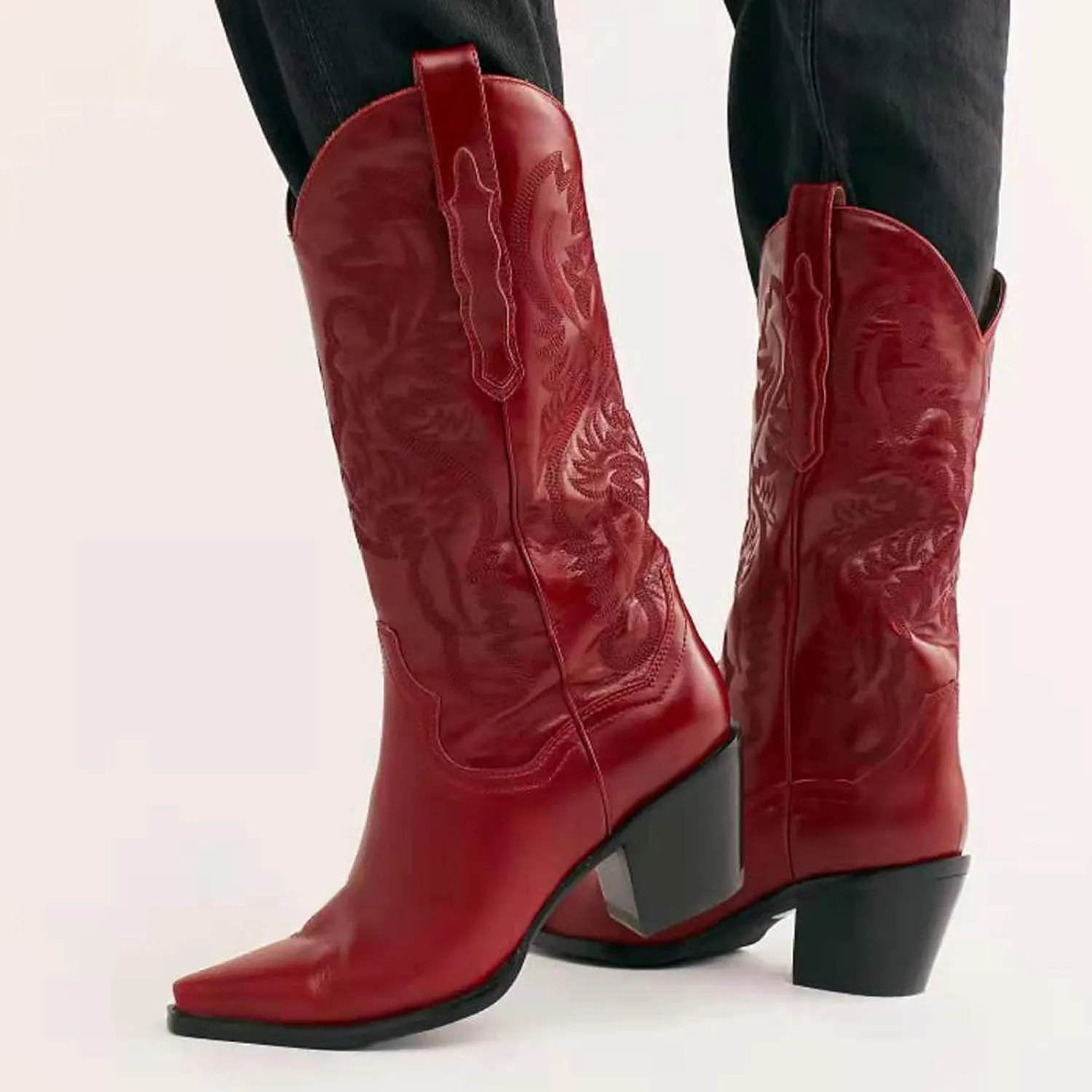VOMIRA Pointed Toe Western Boots for Women Fall Winter Chunky Block Cork Heel Pull On Mid Calf Boots Outdoor Cowboy Boots