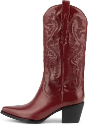 VOMIRA Pointed Toe Western Boots for Women Fall Winter Chunky Block Cork Heel Pull On Mid Calf Boots Outdoor Cowboy Boots