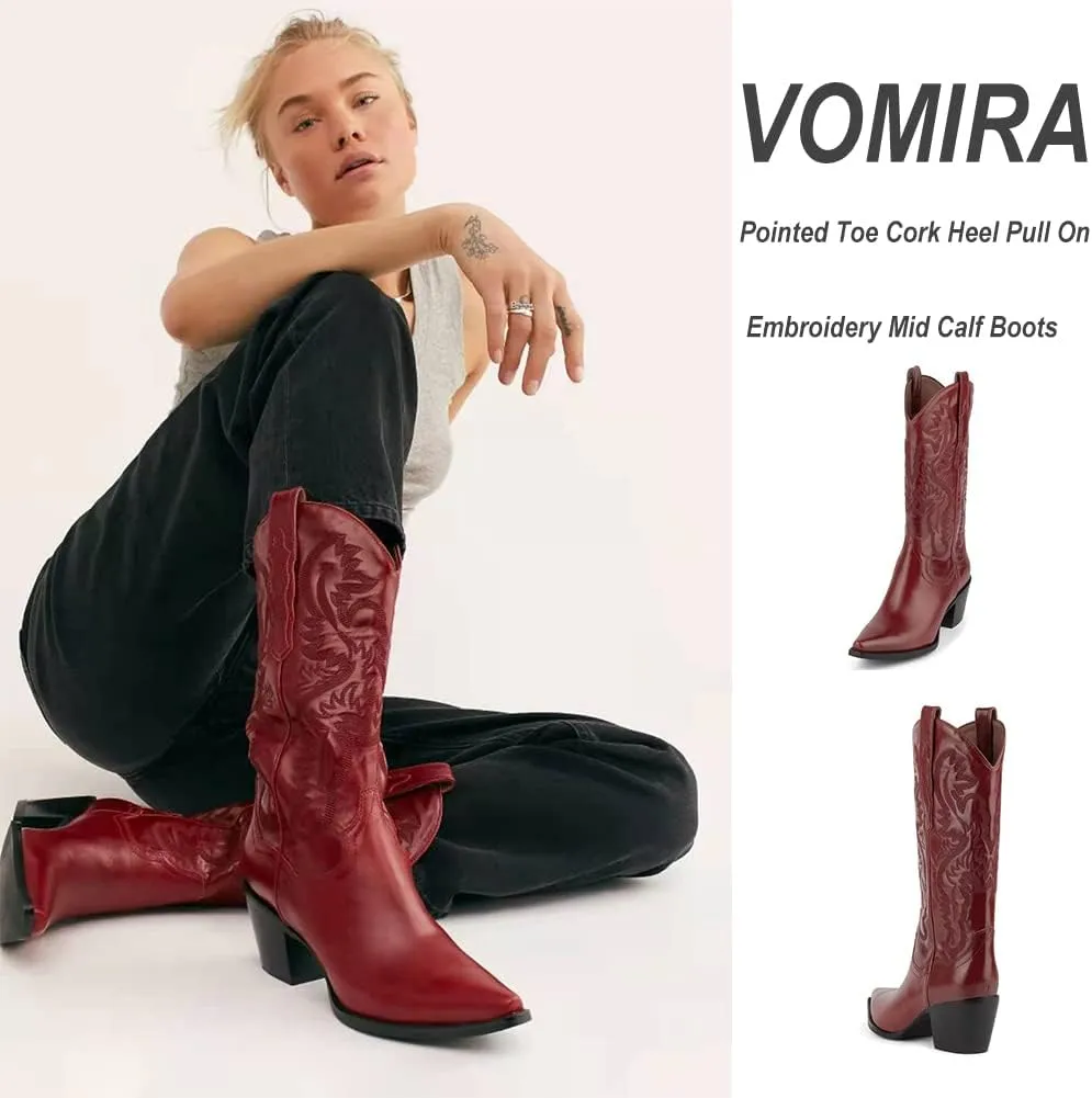 VOMIRA Pointed Toe Western Boots for Women Fall Winter Chunky Block Cork Heel Pull On Mid Calf Boots Outdoor Cowboy Boots