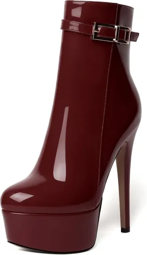WAYDERNS Womens Dating Zip Round Toe Fashion Patent Platform Stiletto High Heel Ankle High Boots 6 Inch