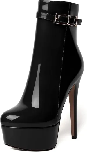 WAYDERNS Womens Dating Zip Round Toe Fashion Patent Platform Stiletto High Heel Ankle High Boots 6 Inch