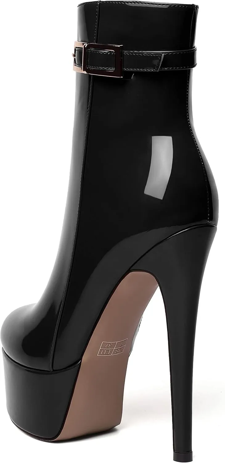 WAYDERNS Womens Dating Zip Round Toe Fashion Patent Platform Stiletto High Heel Ankle High Boots 6 Inch