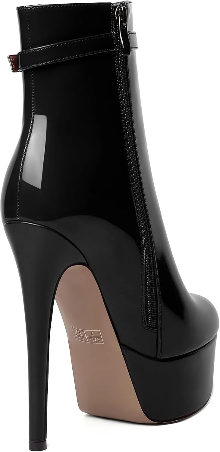 WAYDERNS Womens Dating Zip Round Toe Fashion Patent Platform Stiletto High Heel Ankle High Boots 6 Inch