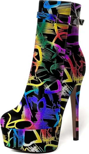WAYDERNS Womens Dating Zip Round Toe Fashion Patent Platform Stiletto High Heel Ankle High Boots 6 Inch