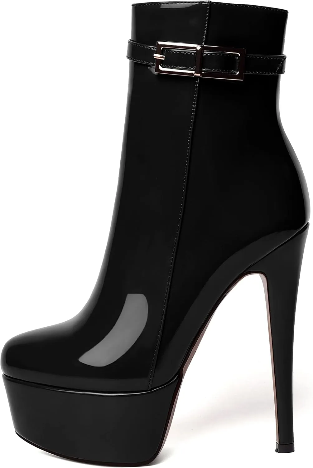 WAYDERNS Womens Dating Zip Round Toe Fashion Patent Platform Stiletto High Heel Ankle High Boots 6 Inch