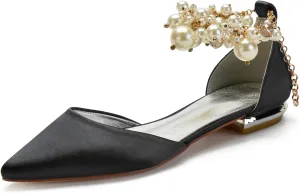 Wedding Bridal Shoes Beaded Ankle Strap Low Heels Women's Pumps Pointed Toe Closed Toe Sandal 2CM High Heels Satin Flats Elegant Formal,Black,10