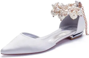 Wedding Bridal Shoes Beaded Ankle Strap Low Heels Women's Pumps Pointed Toe Closed Toe Sandal 2CM High Heels Satin Flats Elegant Formal,White,8