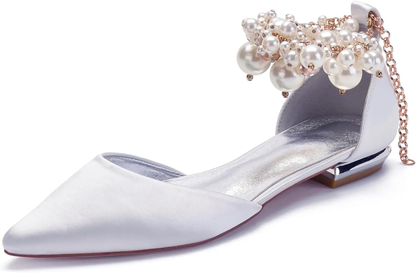 Wedding Bridal Shoes Beaded Ankle Strap Low Heels Women's Pumps Pointed Toe Closed Toe Sandal 2CM High Heels Satin Flats Elegant Formal,White,8