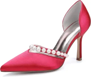 Wedding Bridal Shoes Satin Closed Toe Pointed Toe Sandals Pumps Womens Bride Shoes Stiletto High Heels Slip-On Evening Dress Rhinestones,Red,11.5