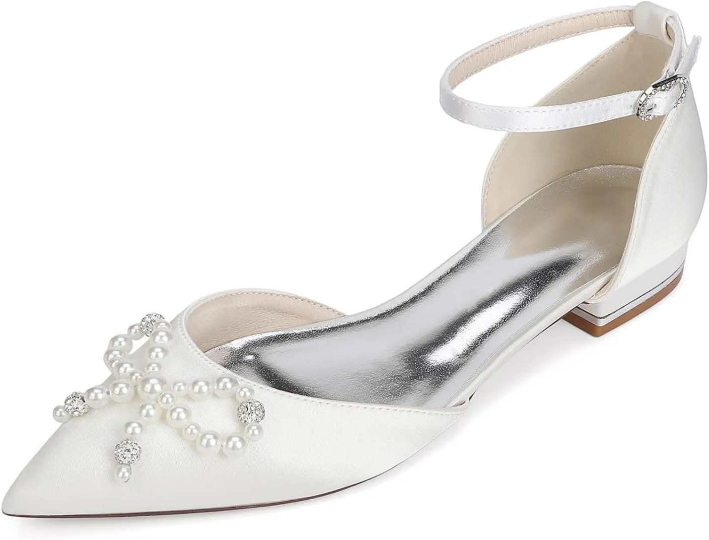 Wedding Bridal Shoes Women's Elegant Pointed Toe Satin Bridal Dress Flats Shoes 2.5Cm
