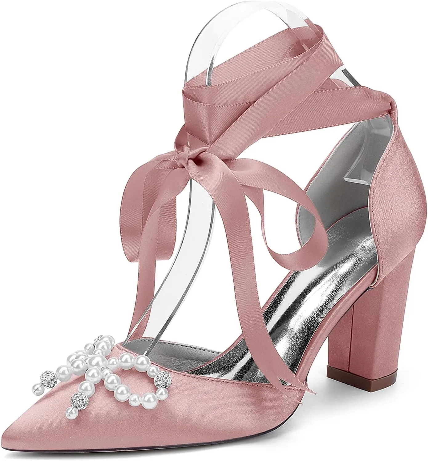 Wedding Shoes 8.5CM Pearl Rhinestones Pointed Toe Bridal Women Satin Block Heel Strappy Shoes for Prom Party Pumps Closed Toe