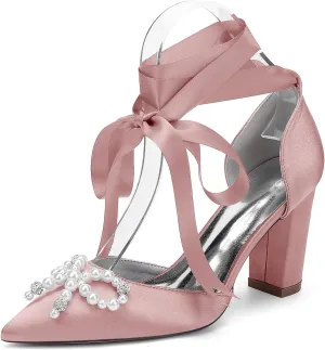 Wedding Shoes 8.5CM Pearl Rhinestones Pointed Toe Bridal Women Satin Block Heel Strappy Shoes for Prom Party Pumps Closed Toe