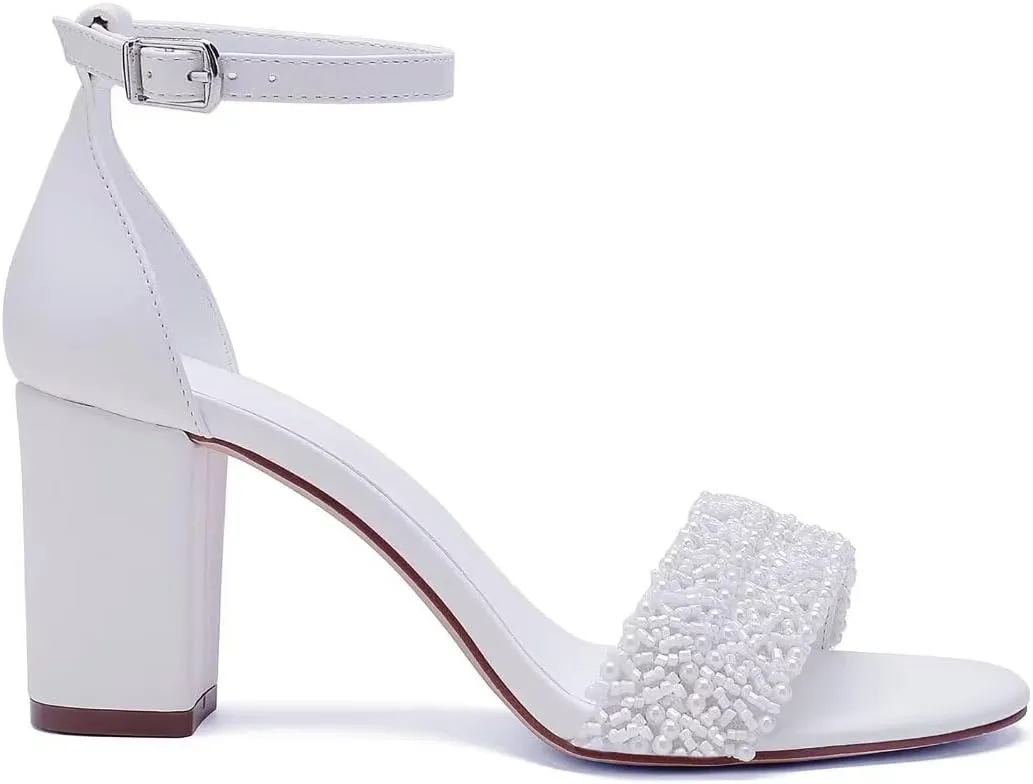Wedding Shoes for Bride Block Heel Wedding Sandals Open Toe Chunky Heel Bridal Shoes