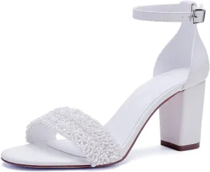 Wedding Shoes for Bride Block Heel Wedding Sandals Open Toe Chunky Heel Bridal Shoes