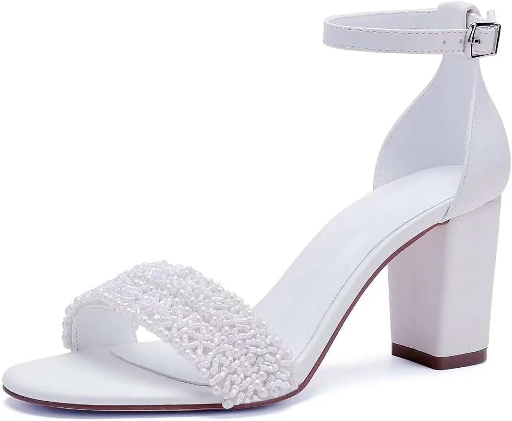 Wedding Shoes for Bride Block Heel Wedding Sandals Open Toe Chunky Heel Bridal Shoes