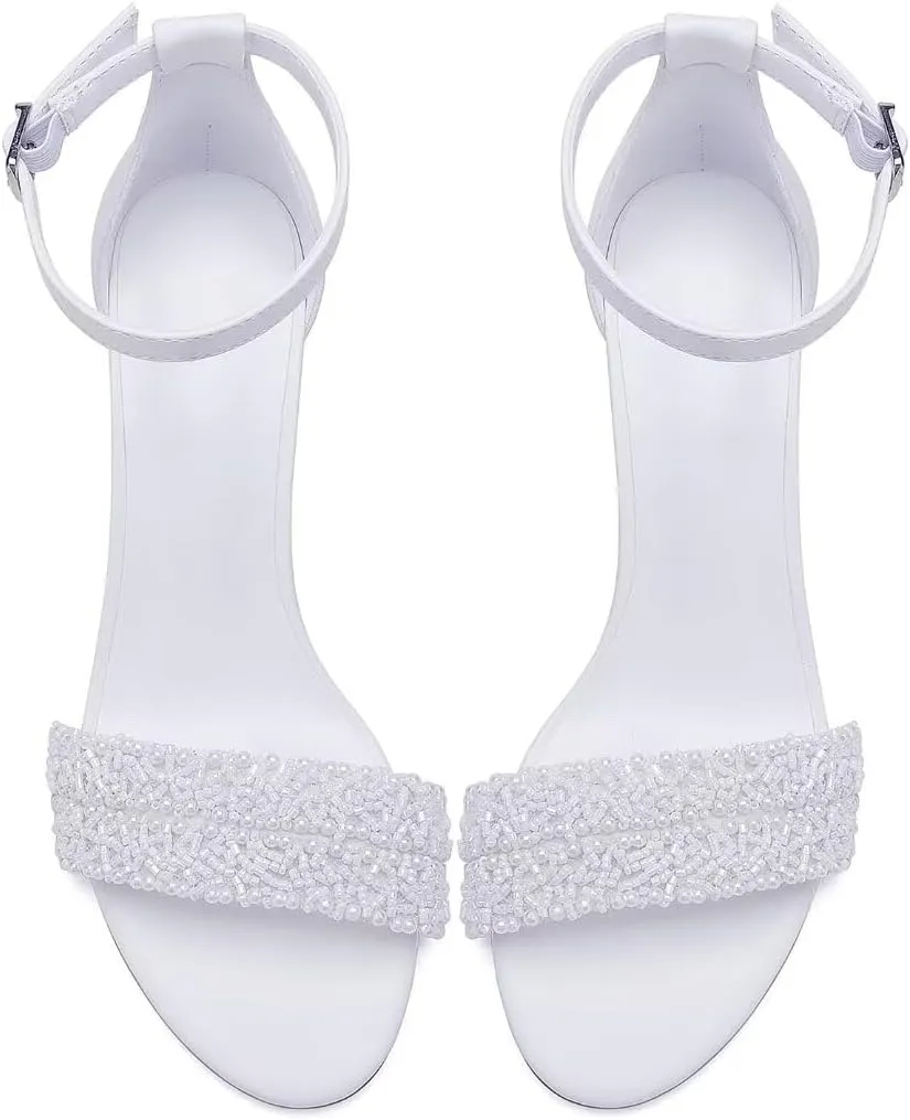 Wedding Shoes for Bride Block Heel Wedding Sandals Open Toe Chunky Heel Bridal Shoes